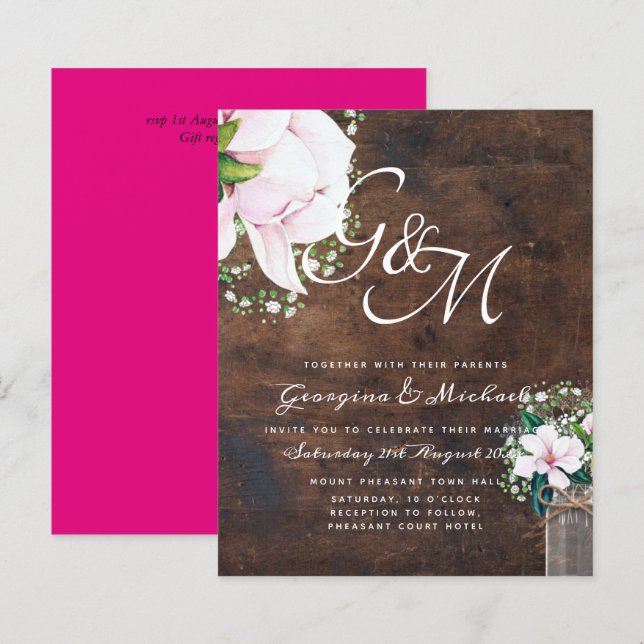 BUDGET Shabby Pink Magnolia Chic Wedite Einladung (Vorne/Hinten)