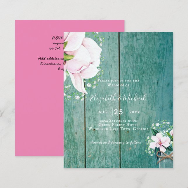 BUDGET Shabby Pink Magnolia Chic Wedite Einladung (Vorne/Hinten)