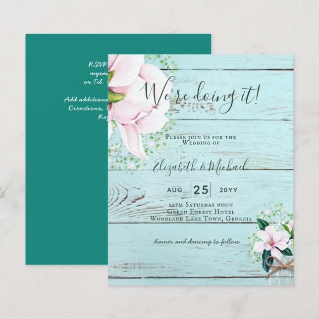 BUDGET Shabby Pink Magnolia Chic Wedite Einladung (Vorne/Hinten)