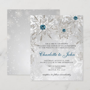 Budget Silver Aqua Snowflakes Einladung Hochzeit
