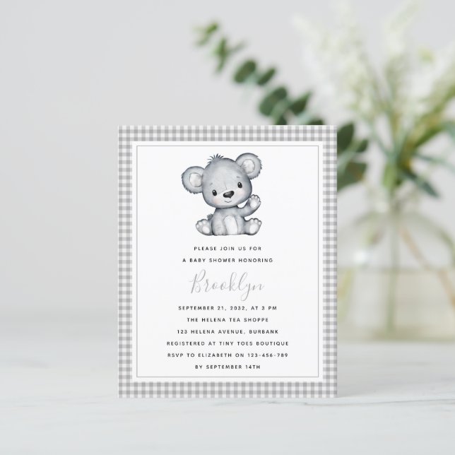 BUDGET Silver Bear Baby Dusche Einladung (Stehend Vorderseite)