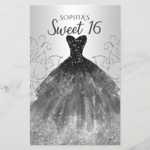 Budget Silver Black Dress Sweet 16 Einladung
