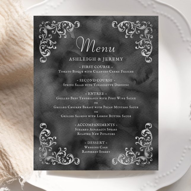 Budget Silver Black Vintage Wedding Menü (Von Creator hochgeladen)