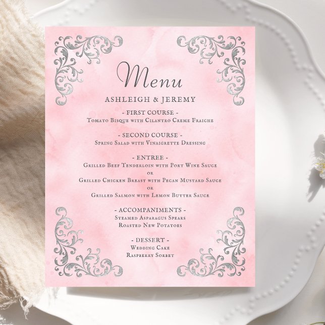 Budget Silver Blush Pink Vintage Wedding Menü (Von Creator hochgeladen)