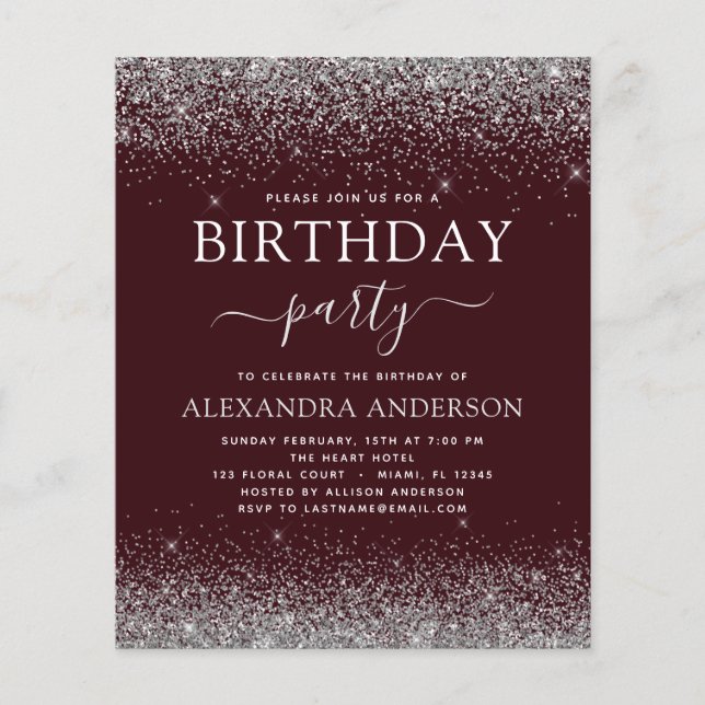 Budget Silver Burgund jedes Alter Geburtstag Glitz Flyer (Vorne)