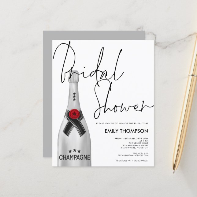 Budget Silver Champagne Script White Brautparty (Vorderseite/Rückseite Beispiel)