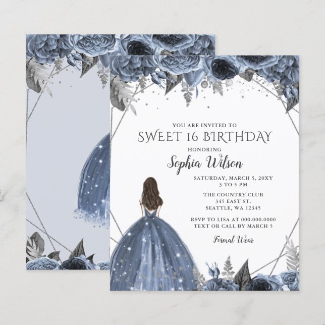 Budget Silver Dusty Blue Dress Sweet 16 Einladung (Vorne/Hinten)