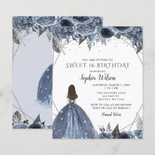 Budget Silver Dusty Blue Dress Sweet 16 Einladung