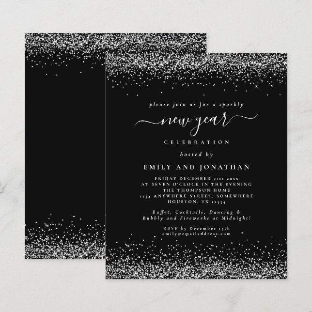 Budget Silver Gilitter Black New Year Party Invit (Vorne/Hinten)