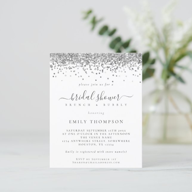 Budget Silver Glitzer Bridal Dusche Einladung (Stehend Vorderseite)