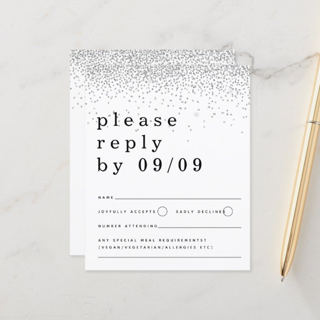 Budget Silver Glitzer Confetti Wedding RSVP (Vorderseite/Rückseite Beispiel)