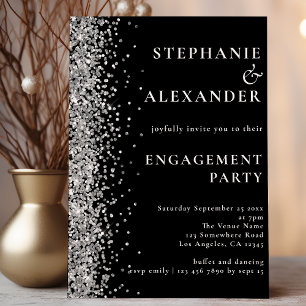 Budget Silver Glitzer Engagement Party Black Invit
