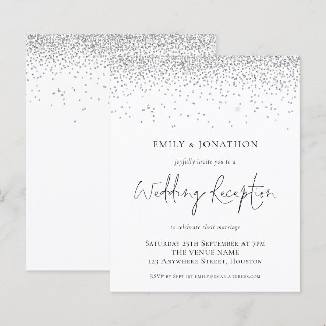 Budget Silver Glitzer Hochzeitsempfang Einladung (Vorne/Hinten)