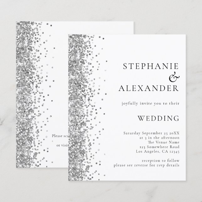 Budget Silver Glitzer White Wedding Einladung (Vorne/Hinten)