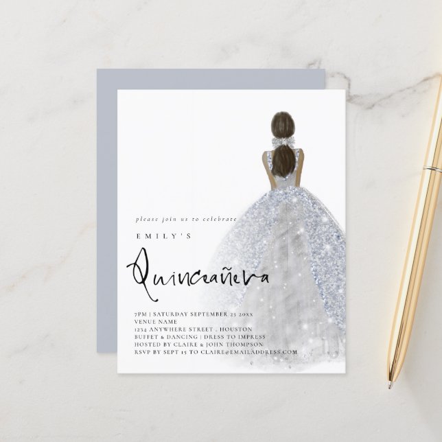Budget Silver Gown Dunkle Haare QR Quinceañera (Vorderseite/Rückseite Beispiel)