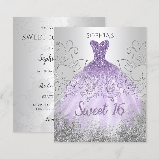 Budget Silver Lila Dress Sweet 16 Einladung (Vorne/Hinten)