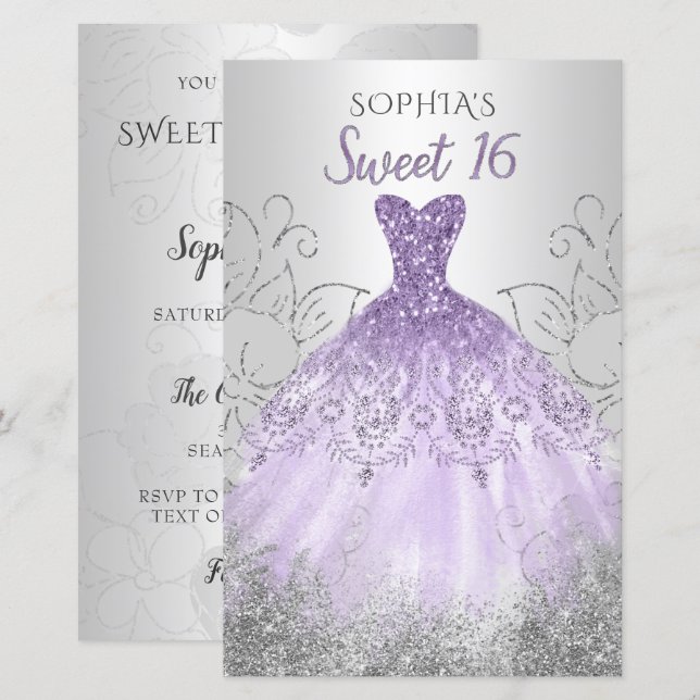 Budget Silver Lila Dress Sweet 16 Einladung (Vorne/Hinten)