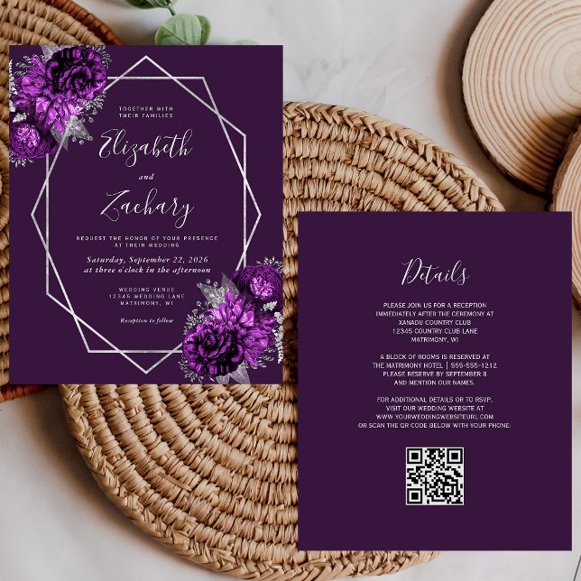 Budget Silver Lila Floral Plum QR Code Hochzeit (Von Creator hochgeladen)