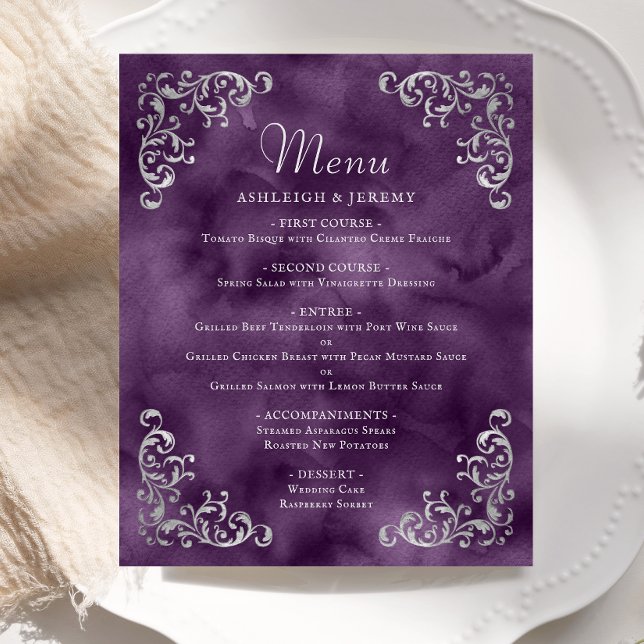 Budget Silver Lila Vintage Wedding Menu (Von Creator hochgeladen)