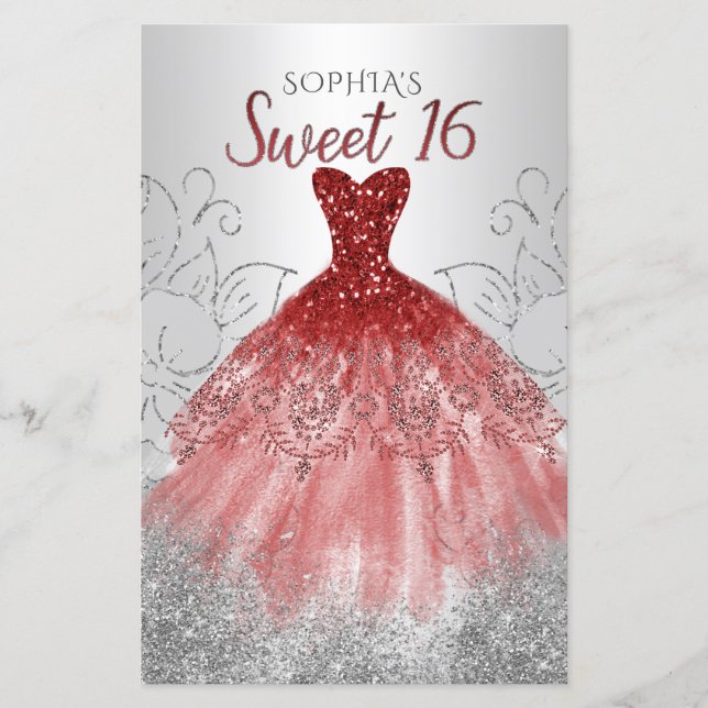Budget Silver Red Dress Sweet 16 Einladung (Vorderseite)