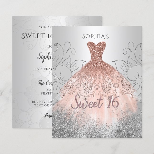 Budget Silver Rose Gold Dress Sweet 16 Einladung (Vorne/Hinten)