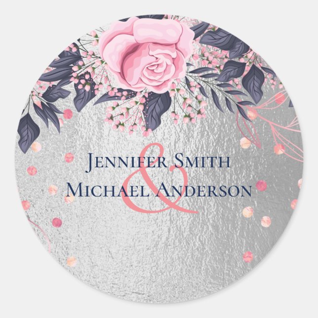 BUDGET Silver Rosegold Navy Pink Metallic Wedding Runder Aufkleber (Vorderseite)