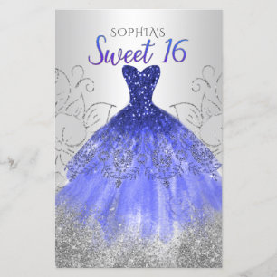 Budget Silver Royal Blue Dress Sweet 16 Einladung