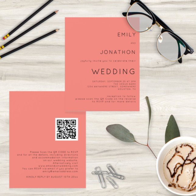 Budget Simple Coral Rose QR Code Hochzeit Einladun (Von Creator hochgeladen)