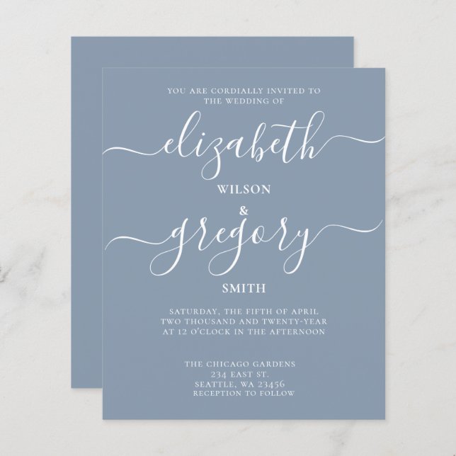 Budget Simple Dusty Blue Modern Wedding Einladung (Vorne/Hinten)
