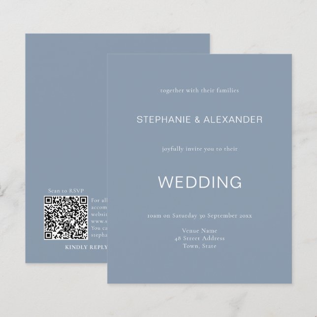 Budget Simple Dusty Blue Wedding QR Code Einladung (Vorne/Hinten)