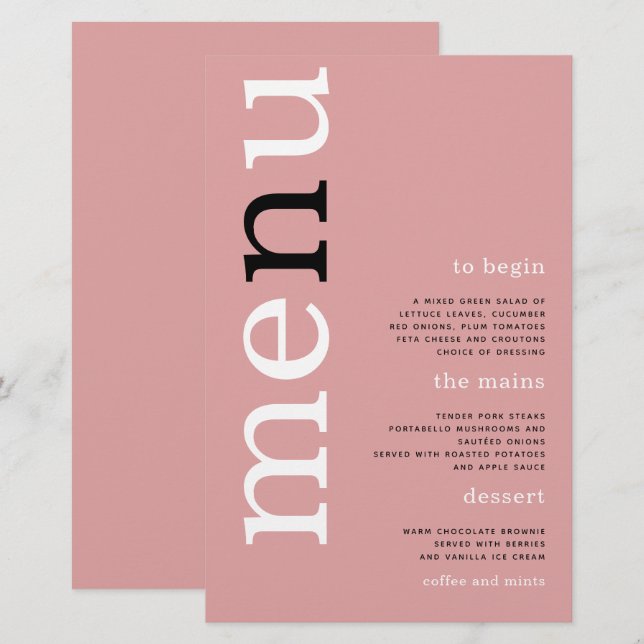 BUDGET Simple Dusty Rose Typographie Mariage Menu (Devant / Derrière)