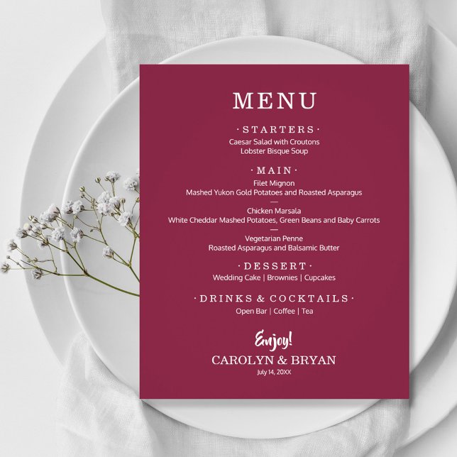 Budget Simple Elegant Cranberry Mariage Menu (Créateur téléchargé)
