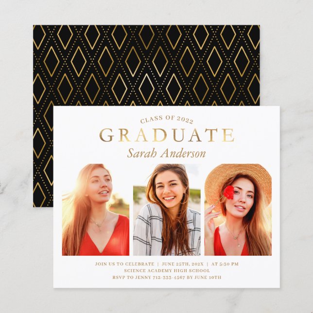 Budget Simple Gold 3 Foto Abschluss Einladung (Vorne/Hinten)