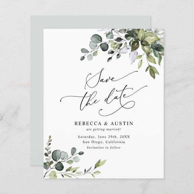 Budget Simple Greenery Wedding Save the Date (Vorne/Hinten)