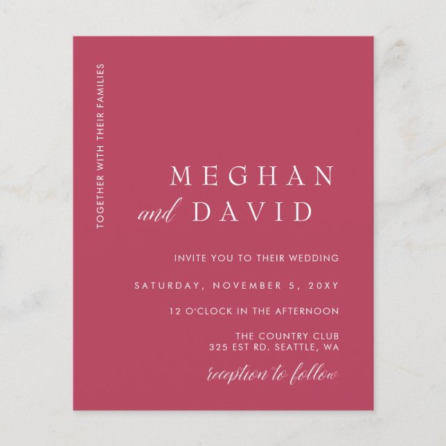 Budget Simple Magenta Minimal Wedding Einladung (Vorderseite)