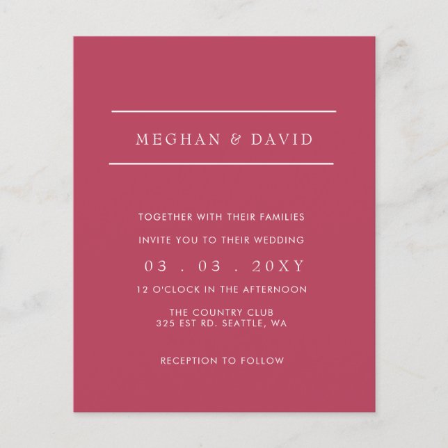 Budget Simple Magenta Modern Wedding Einladung (Vorderseite)