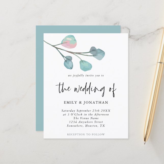 Budget Simple Pastel Eucalyptus Wedding Einladung (Vorderseite/Rückseite Beispiel)