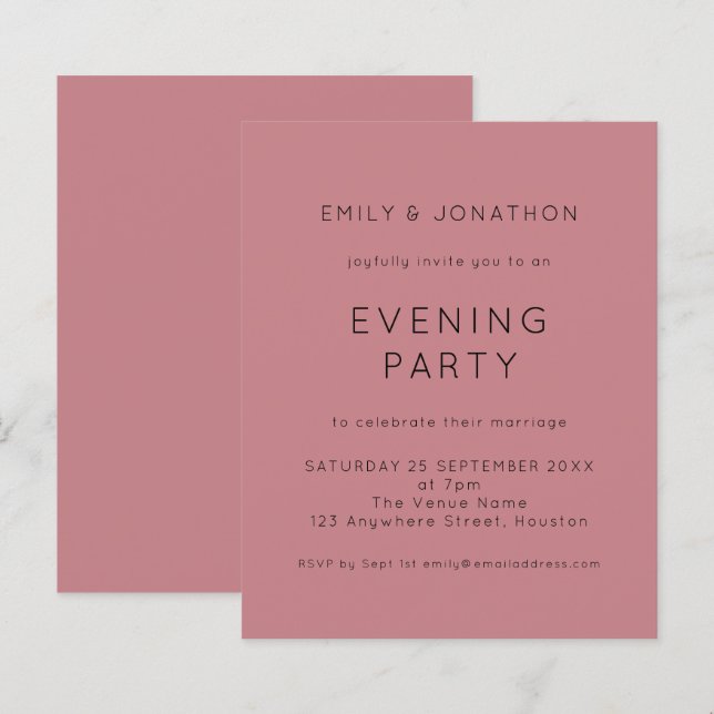 Budget Simple Pink Wedding Abend Party Einladung (Vorne/Hinten)