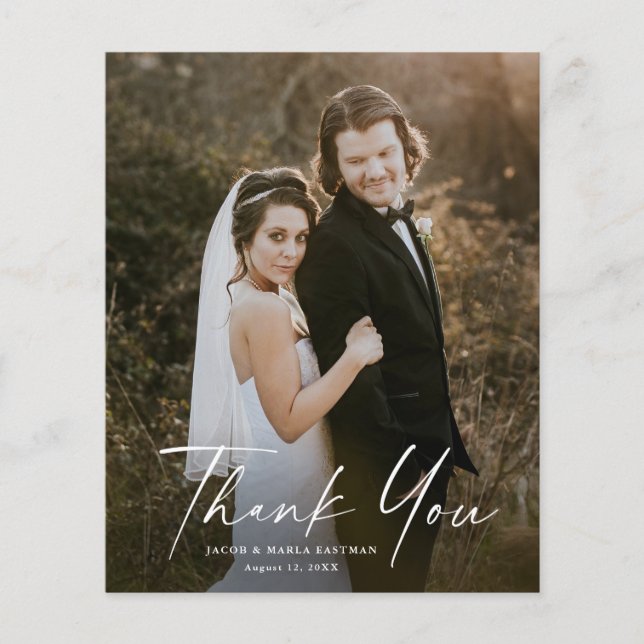 Budget Simple Script Foto Wedding Danke Card (Vorderseite)