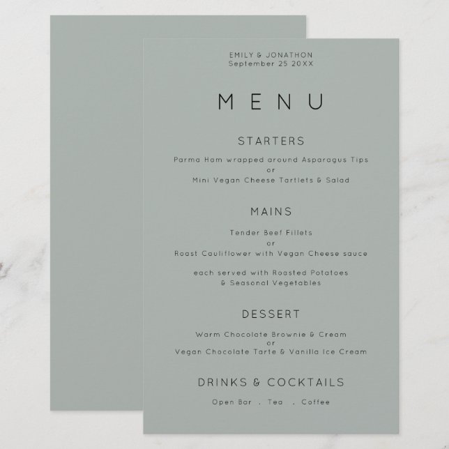 Budget Simple Silvery Sage Green Wedding Menu (Vorne/Hinten)
