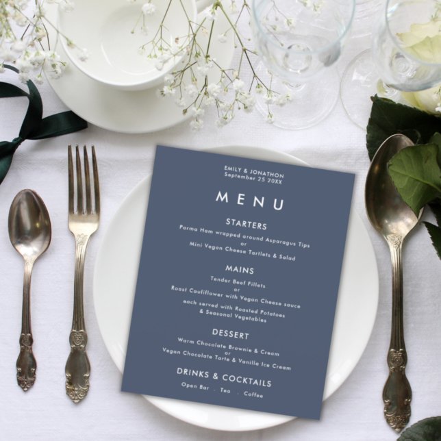 Budget Simple Texte Dusty Marine Blue Mariage Menu (Créateur téléchargé)