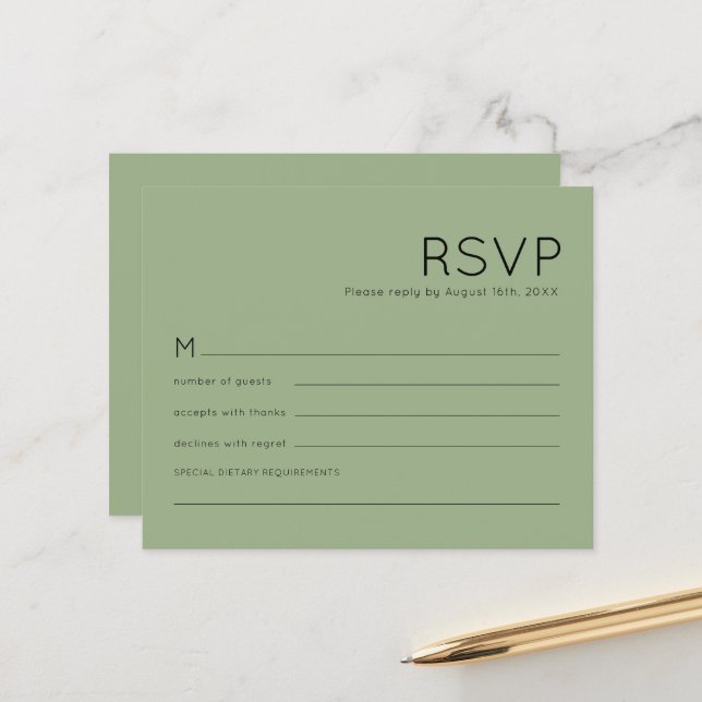 Budget Simple Typografy Sage Green Wedding RSVP (Vorderseite/Rückseite Beispiel)