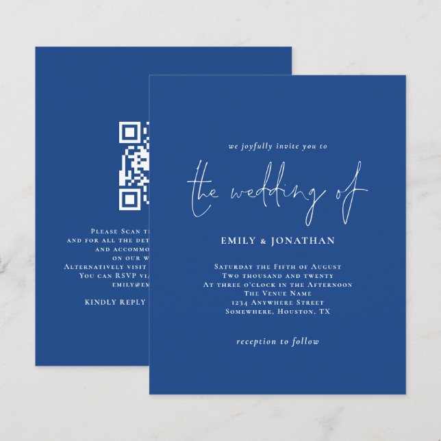 Budget Simple White Blue QR Code Hochzeit Einladun (Vorne/Hinten)