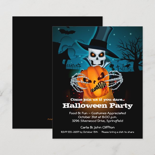 Budget Skeleton und Kürbiskreide Halloween Einladu (Vorne/Hinten)