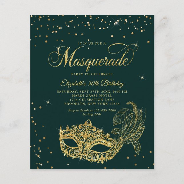 BUDGET Smaragd-Gold-Masqueraden-Geburtstagsfoto (Vorderseite)
