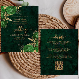 Budget Smaragdgrün Gold Floral QR-Code Hochzeit