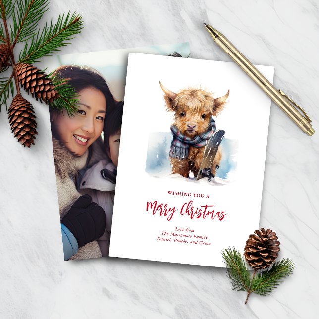 Budget Snowboard Highland Cow Carte photo/Vert (Créateur téléchargé)