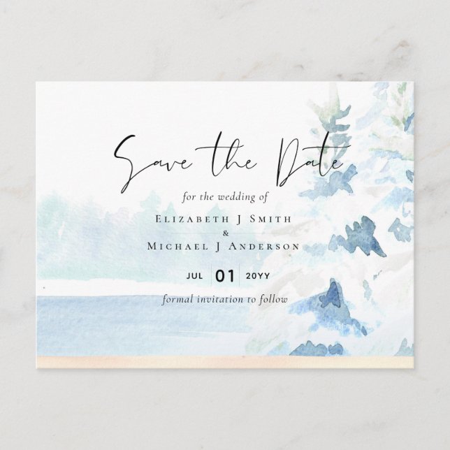 BUDGET Snowy Mountains Winter Lake Trees Postkarte (Vorderseite)