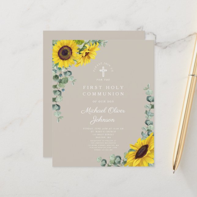 Budget Sonnenblume Eukalyptus Taupe Erste Kommune (Vorderseite/Rückseite Beispiel)