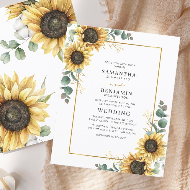 Budget Sonnenblume Eukalyptus Wedding Einladung (Floral Modern Sunflower Eucalyptus Wedding Invitation)